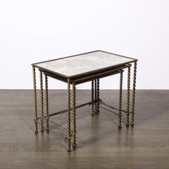 Set of 3 Art Deco Gilt Bronze Rope Form Nesting Tables W Antiqued Mirror Glass - 4377056