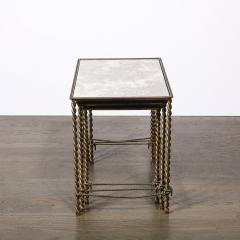 Set of 3 Art Deco Gilt Bronze Rope Form Nesting Tables W Antiqued Mirror Glass - 4377057