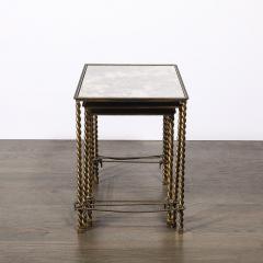 Set of 3 Art Deco Gilt Bronze Rope Form Nesting Tables W Antiqued Mirror Glass - 4377058