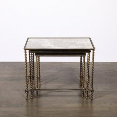 Set of 3 Art Deco Gilt Bronze Rope Form Nesting Tables W Antiqued Mirror Glass - 4377059