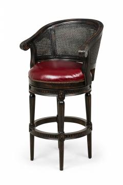 Set of 3 Black Wood and Cane Horseshoe Back Swivel Stools with Red Leather Seats - 4172522