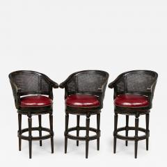 Set of 3 Black Wood and Cane Horseshoe Back Swivel Stools with Red Leather Seats - 4219525