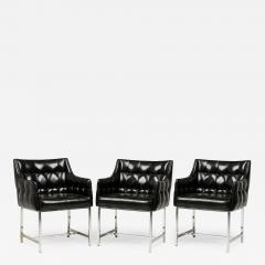Set of 3 Carson American Button Tufted Black Vinyl and Chrome Armchairs - 4219526