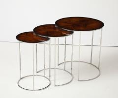 Set of 3 Chrome Nesting Tables with Flamed Mahogany Insets - 3991786