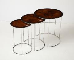 Set of 3 Chrome Nesting Tables with Flamed Mahogany Insets - 3991787