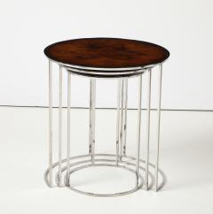 Set of 3 Chrome Nesting Tables with Flamed Mahogany Insets - 3991792