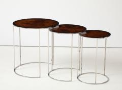 Set of 3 Chrome Nesting Tables with Flamed Mahogany Insets - 3991812