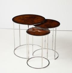 Set of 3 Chrome Nesting Tables with Flamed Mahogany Insets - 3991818