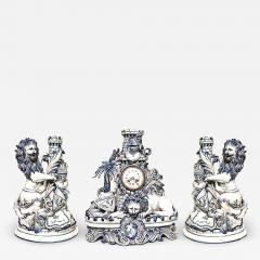 Set of 3 French Victorian Porcelain Lion Clock Set - 4630937