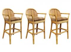 Set of 3 Matching Mid Century Modern Rattan or Bamboo Bar Stools - 2559947