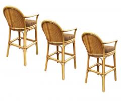 Set of 3 Matching Mid Century Modern Rattan or Bamboo Bar Stools - 2559949