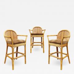 Set of 3 Matching Mid Century Modern Rattan or Bamboo Bar Stools - 2561595