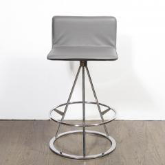 Set of 3 Mid Century Modern Chrome and Gray Leather Geometric Swivel Bar Stools - 1648548