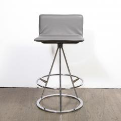Set of 3 Mid Century Modern Chrome and Gray Leather Geometric Swivel Bar Stools - 1648549