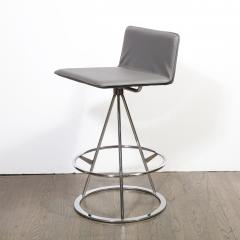 Set of 3 Mid Century Modern Chrome and Gray Leather Geometric Swivel Bar Stools - 1648550