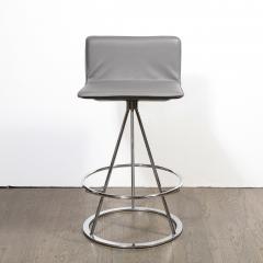 Set of 3 Mid Century Modern Chrome and Gray Leather Geometric Swivel Bar Stools - 1648567