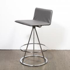 Set of 3 Mid Century Modern Chrome and Gray Leather Geometric Swivel Bar Stools - 1648581