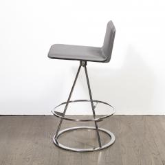 Set of 3 Mid Century Modern Chrome and Gray Leather Geometric Swivel Bar Stools - 1648587