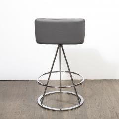 Set of 3 Mid Century Modern Chrome and Gray Leather Geometric Swivel Bar Stools - 1648591