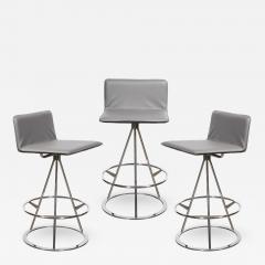 Set of 3 Mid Century Modern Chrome and Gray Leather Geometric Swivel Bar Stools - 1650352