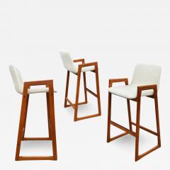 Set of 3 Midcentury Danish Modern Teak Bar Stools with Fabric Seats - 3130644