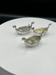 Set of 3 Viking Ship Silver Salts 2 Spoon 3 Cut Glass Inserts - 3091535