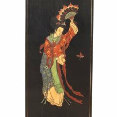 Set of 4 Chinese Black Lacquer Geisha Screen Panels - 4517749