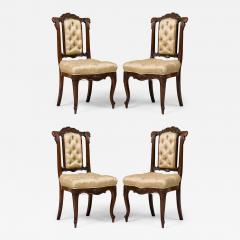 Set of 4 French Carved Mahogany and Beige Tufted Upholstered Side Chairs - 4222011