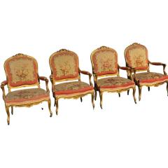 Set of 4 French Louis XV Style Giltwood Aubusson Tapestry Fauteuil Arm Chairs - 4423912