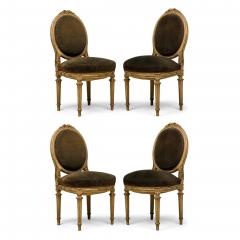 Set of 4 French Louis XVI Style Oval Back Carved Wood Green Velvet Upholstered D - 4700890