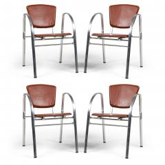 Set of 4 Indecasa Spanish Mid Century Rust Leather and Chrome Arm Chairs - 4708822