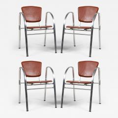 Set of 4 Indecasa Spanish Mid Century Rust Leather and Chrome Arm Chairs - 4708907