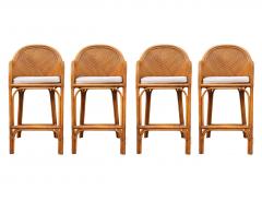 Set of 4 Matching Mid Century Modern Rattan or Bamboo Bar Stools - 3955171