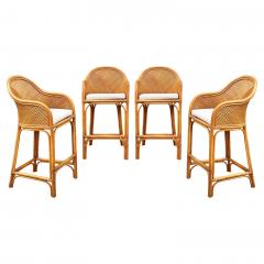 Set of 4 Matching Mid Century Modern Rattan or Bamboo Bar Stools - 3955183