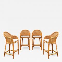 Set of 4 Matching Mid Century Modern Rattan or Bamboo Bar Stools - 3955844