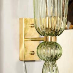 Set of 4 Modern Celadon Handblown Murano Glass Brass Sconces w Elongated Drop - 4438882