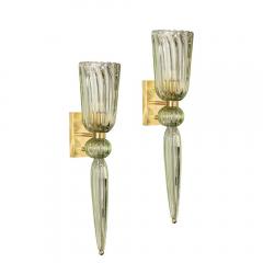 Set of 4 Modern Celadon Handblown Murano Glass Brass Sconces w Elongated Drop - 4438887