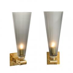 Set of 4 Modern Conical Smoked Graphite Handblown Murano Glass Brass Sconces - 4438406