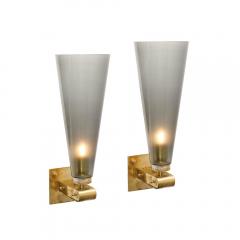 Set of 4 Modern Conical Smoked Graphite Handblown Murano Glass Brass Sconces - 4438410