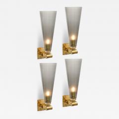 Set of 4 Modern Conical Smoked Graphite Handblown Murano Glass Brass Sconces - 4441206