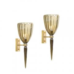 Set of 4 Modern Hand Blown Murano Iridescent Smoked Emerald Glass Fluted Sconces - 4403202