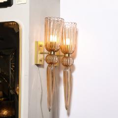 Set of 4 Modernist Rose Handblown Murano Glass Brass Sconces w Elongated Drop - 4438377