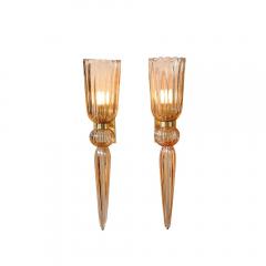 Set of 4 Modernist Rose Handblown Murano Glass Brass Sconces w Elongated Drop - 4438386