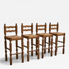 Set of 4 Razorblade Bar Stools in Solid Oak and Rush 1960s - 4469550