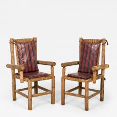 Set of 4 Rustic Adirondack Style Wood and Woven Gut Armchairs - 2799005
