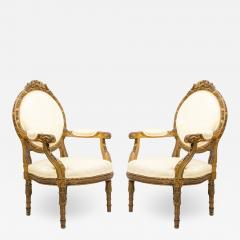 Set of 4 Set of 4 French Louis XVI Damask Arm Chairs - 1407908