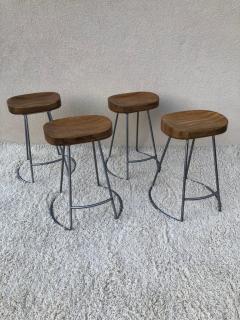 Set of 4 Silver Steel Polish Finish to Bases Solid Oak Top Counter Stools - 1947544