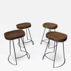 Set of 4 Silver Steel Polish Finish to Bases Solid Oak Top Counter Stools - 1949220