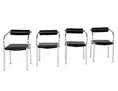 Set of 4 Vintage Modern Black Leather Tubular Metal Chairs - 4219891