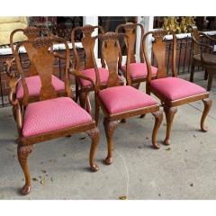 Set of 6 Antique Queen Anne Style Carved Burl Walnut Dining Chairs - 4473445